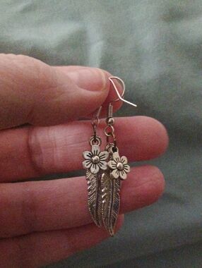 Silver Flower & Feather Dangle Earrings - Women Jewelry
